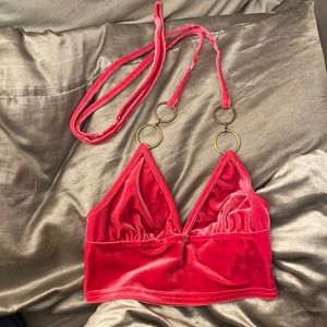 SHEIN ICON Chain Detail Tie Backless Velvet Crop Halter Top